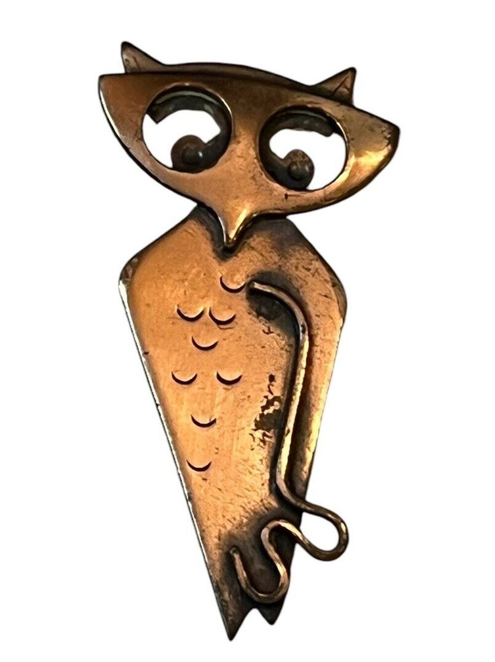 Vintage Copper Retro Owl Brooch Pin Signed KIM Mid Century Modern MCM Brutalist